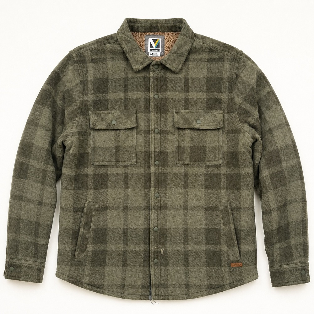 Voyager Men's M Green Plaid Sherpa Lined Fleece Shirt Jacket Shacket